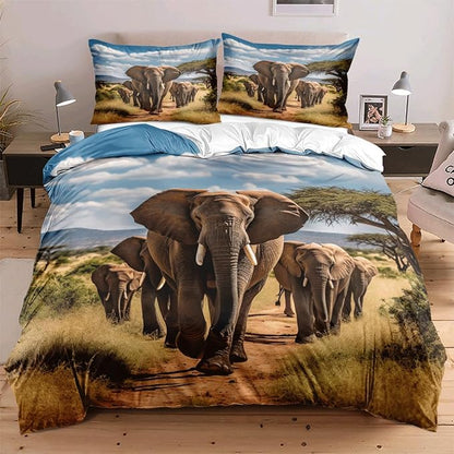 Elephant Duvet Cover Set African Wild Animal Elephant Population Wild Natural Scenery Print Bedding Quilt Set for Kids Boys Girls Teens Living Room Decorative,Queen