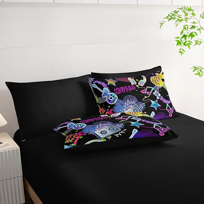 Colorful Guitar Comforter 7Pcs Musical Note Headphone Radio Star Bedding Set for Kid Teen Girl Boy Adult Cartoon Rock Music Quilt Bed Set Queen with 2 Sheets,2 Pillowcases,2 Throw Pillow Covers