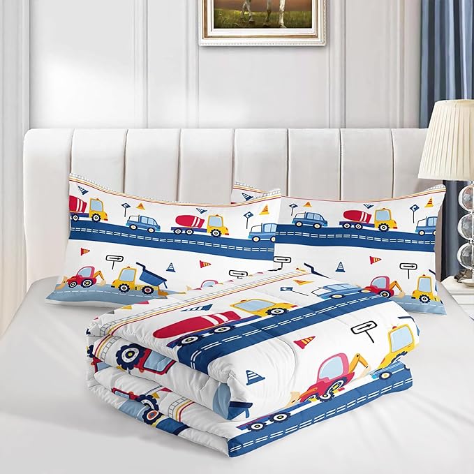 Axolotl Cartoon Car Kids Comforter Set King,Construction Bedding for Boys,Trucks Excavator Tractor Bed Set for Teens Adults Girls,3 Piece Colorful Cars Bedding with 1 Quilt 2 Pillowcases Blue Red