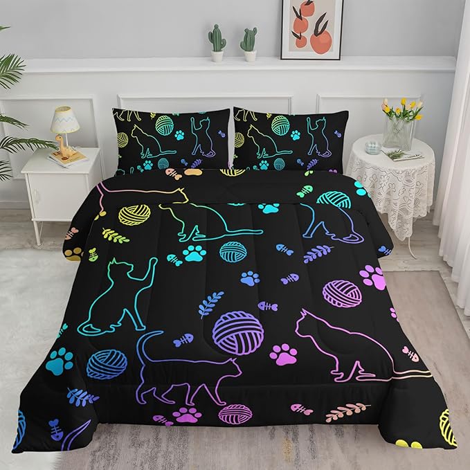 Axolotl Neon Cat Bedding Comforter Set King,Cartoon Cats Bedding Paw Ball of Yarn,Colorful Gradient Line Cats Kids Bed Set for Cat Lover Girls Boys Adults,Cartoon Animal Comforter with 2 Pillow Cases