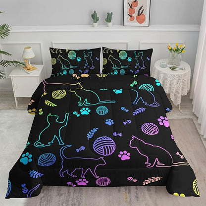 Black Cat Bedding Cartoon Cat Comforter Set Full,Neon Cat Paw Ball of Yarn Printed Kids Bedding for Cat Lover Boys Girls Adults Room Decor,Kids Comforter,1 Quilt 2 Pillow Cases,Neon Color Purple Blue