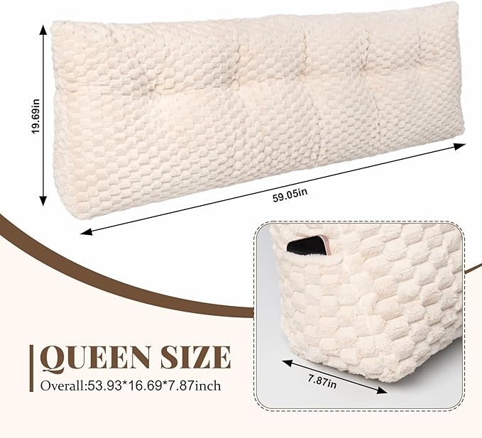 Large Headboard Wedge Pillow, Bed Rest Reading Pillow, Back Support Long Pillow, Bed Bolster Rest Reading Pillow with Removable Cover Beige, Queen:59 * 20 * 8Inches