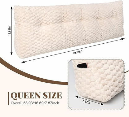 Large Headboard Wedge Pillow, Bed Rest Reading Pillow, Back Support Long Pillow, Bed Bolster Rest Reading Pillow with Removable Cover Beige, Queen:59 * 20 * 8Inches