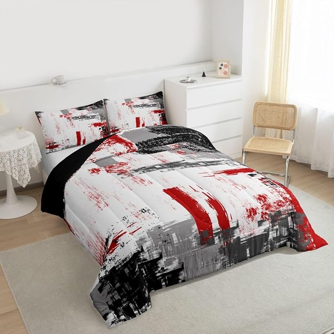 Feelyou Abstract Comforter Modern Abstract Art Comforter Set for Boys Girls Children Red Grey Black Pattern Bedding Set Room Decor Twin Size Duvet Set 2Pcs