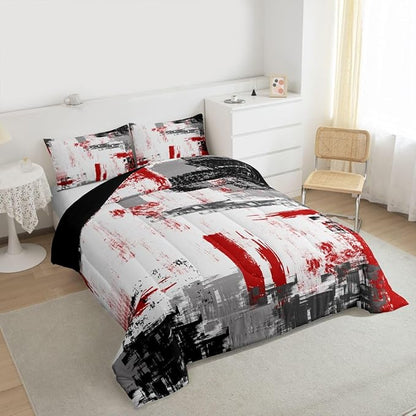 Feelyou Abstract Comforter Modern Abstract Art Comforter Set for Boys Girls Children Red Grey Black Pattern Bedding Set Room Decor Twin Size Duvet Set 2Pcs