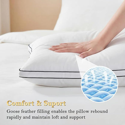 Feather Pillows Standard Size Set of 2 Goose Down Pillows with 100% Breathable Cotton Cover, Hotel Collection Bed Pillows for Sleeping, Soft Support for Back, Stomach and Side Sleepers