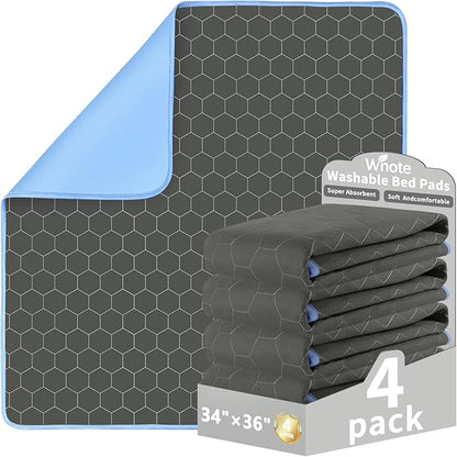 Waterproof Washable Underpads Pee Pad (Dark Gray 34" x 36" 4 Pack), Reusable Absorbency Bedwetting Incontinence Bed Pads for Kids Adults Elderly Dog Pet, Puppy Pads for Mattress Couches Sofas Floors