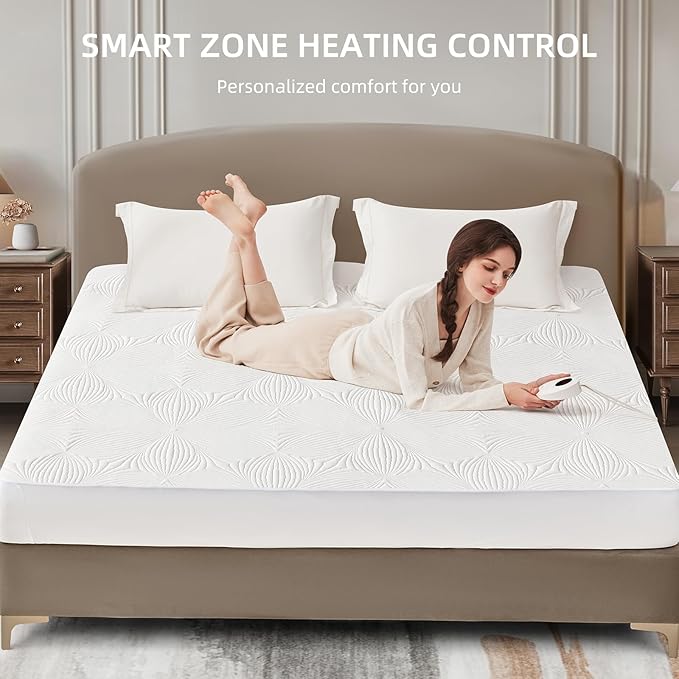 Bwarm Heated Mattress Pad ETL Certified Flower Bed Warmer with 9 Heat Settings, 1-12 Hours Auto Off Deep Pocket, Machine Washable, White (Twin XL)