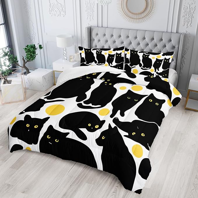 Kids Bedding 3Pcs Cartoon Black Cat Bedding Set Twin Yellow Polka Dots Pattern Comforter Set for Teens Kids Boys Girls Adults Cute Cat Quilt Bed Decor Set with 1 Comforter and 2 Pillowcases