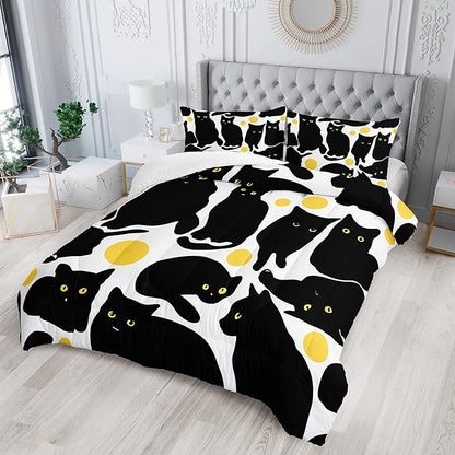 Kids Bedding 3Pcs Cartoon Black Cat Bedding Set Queen Yellow Polka Dots Pattern Comforter Set for Teens Kids Boys Girls Adults Cute Cat Quilt Bed Decor Set with 1 Comforter and 2 Pillowcases