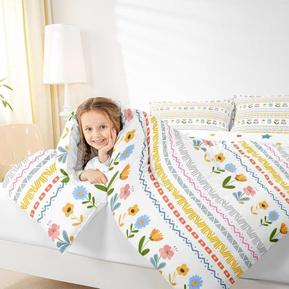 Castle Fairy Boho Floral Kids Comforter Set King Size,Watercolor Groovy Flowers Christmas Reversible Bedding Set All Season Quilt,Tribal Aztec Stripes Microfiber Polyester Down Comforter
