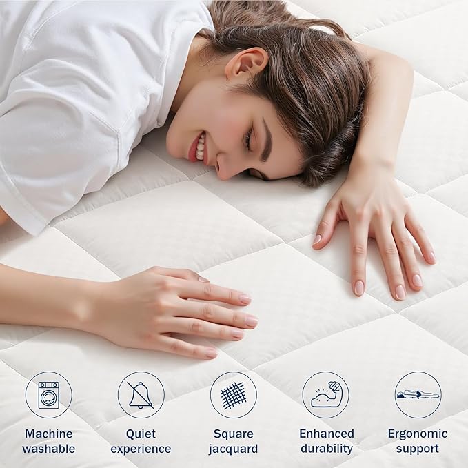 OLANLY King Quilted Fitted Mattress Pad – Soft Down Alternative Pillow Top Mattress Topper, Cooling Comfort Breathable Mattress Cover, Machine Washable Deep Pocket Mattress Protector, Off White