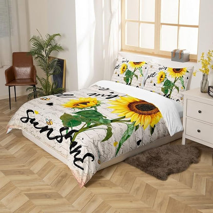 Sunflower Duvet Cover Sets King Size,Rustic Farmhouse Bee Bedding Set 3pcs for Kids Teens Adults Home Room Decor,Black Sketch Sunshine Graffiti Comforter Cover Nature Plants Animals Quilt Cover