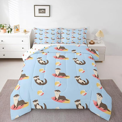 Cartoon Otter Kids Comforter Set,Colorful Ball Surfboard Summer Theme Bedding Set for Boys Girls Teens,Cute Kawaii Wild Animals Comforter Duvet Set with 2 Pillowcases Full Size 3 Pcs