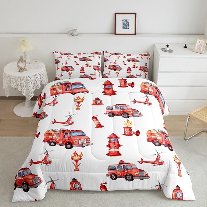 Fire Truck Red Comforter King for Kids Toddler Boys - Firefighter Supplies Pattern Bedding With Scaling Ladder, Extinguisher, Helicopter, Hydrant Print - Fire Theme Decor Duvet Set