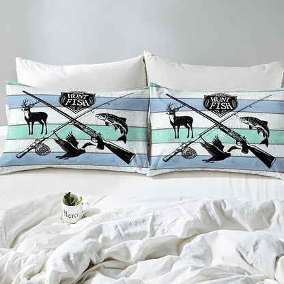 Castle Fairy Hunt Fish Duvet Cover Queen for Children,Farmhouse Wooden Board Bedding Set Modern Room Gift,Deer Bird Fish Animal Hunting Comforter Cover with 2 Pillowcases, Ultra Soft Bed Spread