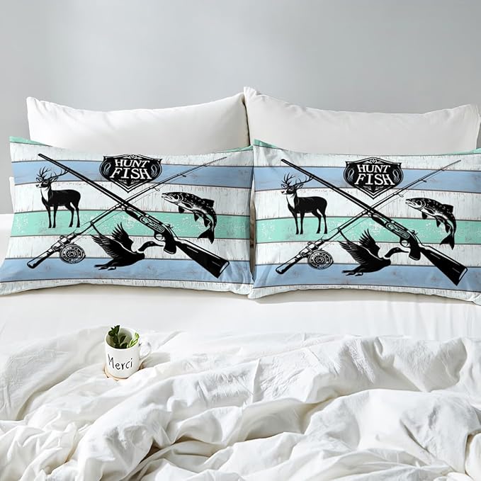 Castle Fairy Hunt Fish Bedding Set Twin Size,Farmhouse Wooden Board Duvet Cover for Kids Boys Bed Comforter Cover Set,Deer Bird Fish Animal Hunting Bedding Quilt Cover Set Decorative 2 Pieces