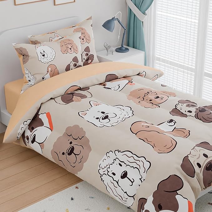 Dog Kids Bedding Set for Girls Boys, Ultra Soft Microfiber Comforter Set Twin Size 3-Pieces, Dogs Comforters Bed Sets for Kid Tween Teen Bedroom Decor