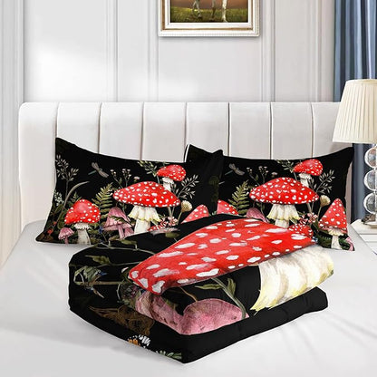 Red Mushroom Kawaii Comforter Set Full Size Kids Mushroom Dragonfly Bedding Set Botanical Plant Theme Print Quilt Bed Set for Boys Girls Adults with 1 Comforter and 2 Pillowcases