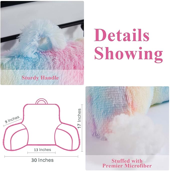 Reading Pillow for Bed - Faux Fur Backrest Pillow with Arms, Reading & Bed Rest Pillows Rainbow Colors, Fluffy Sit Up Pillow, Study Pillow for Kid, Tween, Teens & Adult Girls