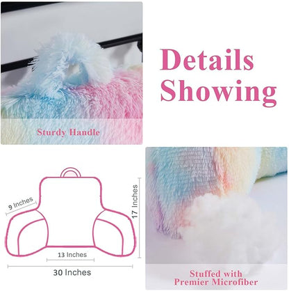 Reading Pillow for Bed - Faux Fur Backrest Pillow with Arms, Reading & Bed Rest Pillows Rainbow Colors, Fluffy Sit Up Pillow, Study Pillow for Kid, Tween, Teens & Adult Girls
