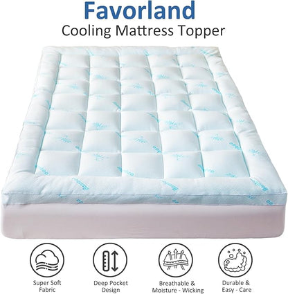 Favorland Mattress Topper King Size - Cooling Extra Thick Breathable Viscose Made from Bamboo Mattress pad - Soft Quilted Fitted Mattress Cover with 900 GSM Down Alternative Fill (8-21”Deep Pocket)