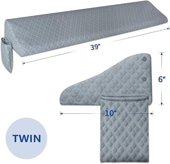 Kayfia Twin Size Pillow Wedge for Headboard Gap Bed Gap Filller (0-8") Mattress Space Filler Pillow Stopper with 2 Side Pocket Triangle Foam Pillow Wedge Between Headboard Mattress (Grey, 39"x10"x6")