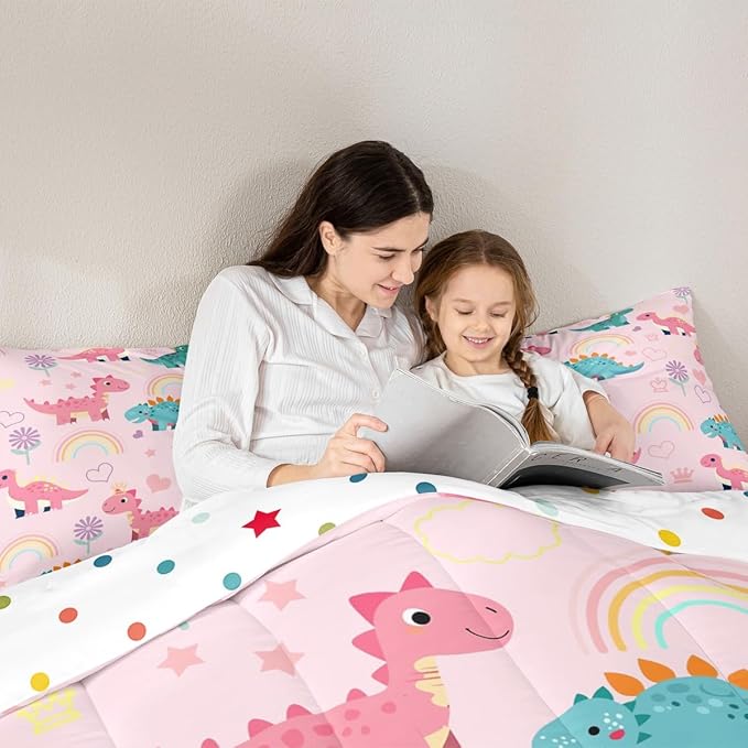 Castle Fairy Lovely Dino Kids Comforter Set Twin Size,Cute Rainbow Floral Love Heart Reversible Bedding Sets for Teens Bedroom Decor,Pink Blue Dinosaur Kawaii Animal Quilted Duvet,1 Pillowcase