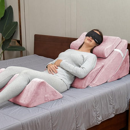 6pc Adjustable Orthopedic Wedge Pillow Set – Relieve Acid Reflux, Snoring, Back Pain & Post-Surgery Discomfort (Pink)