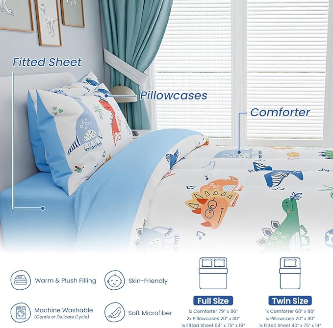 SANDJEST Dinosaurs Bedding Full Set for Boys Kids Children, Ultra Soft Microfiber Comforter Set with 4-Pieces, Comforters Bed Sets Bedroom Decor