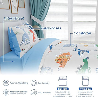 SANDJEST Dinosaurs Bedding Full Set for Boys Kids Children, Ultra Soft Microfiber Comforter Set with 4-Pieces, Comforters Bed Sets Bedroom Decor