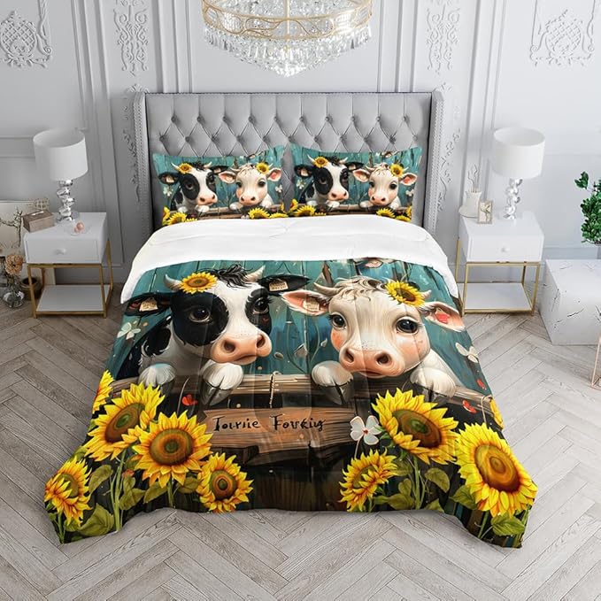 Cute Cow Print Comforter Set Twin Size Sunflower Highland Cow Bedding Set Farm Animals Cow on Fence Quilt Bed Set with 1 Comforter and 2 Pillowcases for Kids Boys Girls Room Decor, D-cow2