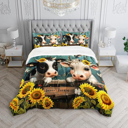 Cute Cow Print Comforter Set Twin Size Sunflower Highland Cow Bedding Set Farm Animals Cow on Fence Quilt Bed Set with 1 Comforter and 2 Pillowcases for Kids Boys Girls Room Decor, D-cow2