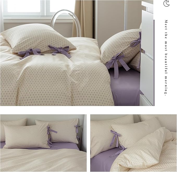 AOJIM Aesthetic Purple Duvet Cover Set for Kids Adults, Pure Cotton Bedding Comforter Cover with Heart Motif, 1 Twin Duvet Cover 68x86 and 2 Pillowcases 20x26 with Bow Ties for Room Decor, No Quilt