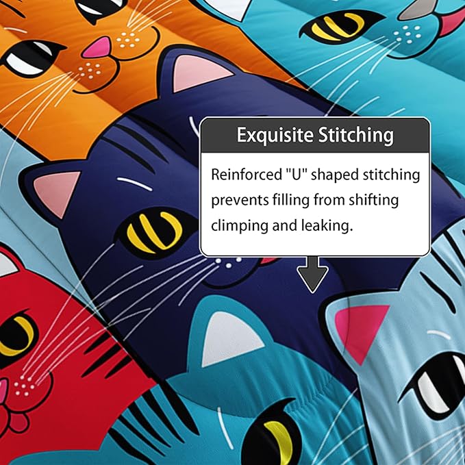 Axolotl Cartoon Cat Comforter Set King Size,Cute Colorful Cat Bedding Set for Kids Boys Girls,Cats Animal Comforter,Kids Bedding for Adults Teens Room Decor,All Season,1 Duvet 2 Pillow Cases