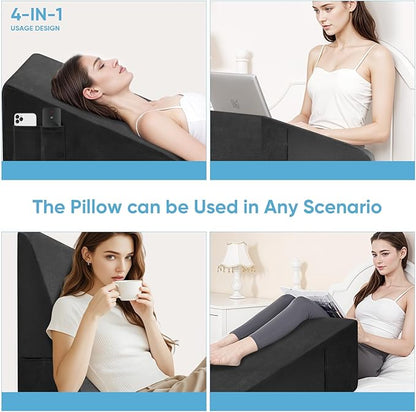Wedge Pillow, 7.5 Inch Bed Wedge Pillow for Headboard, Pillow Wedge for Acid Reflux Relief, After Surgery, Sleeping，Back Pain Relief, Memory Foam Top, Black