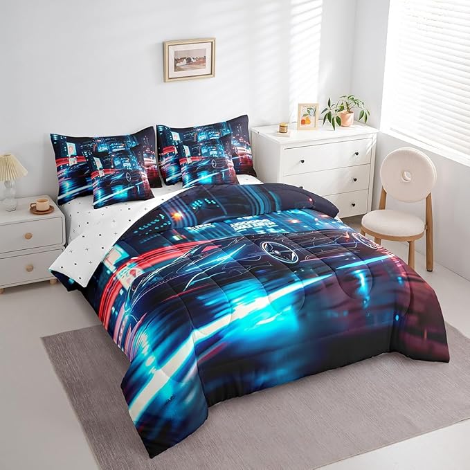 Feelyou City Racing Car 7 Piece Bedding Set King Size for Kids Boys Extreme Sport Games Comforter Set with Sheets Teens Toddler Fast and Furious Bed in a Bag Cool Modern Bed Set