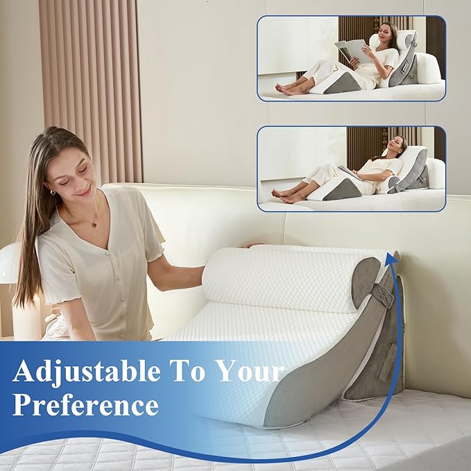 4PCS Orthopedic Bed Wedge Pillow Set, Post Surgery 45D Memory Foam for Back, Neck, and Leg Pain Relief Pleasing & Adjustable Support Pillows-Ease Acid Reflux & GRED with Better Sleep,White Light Grey