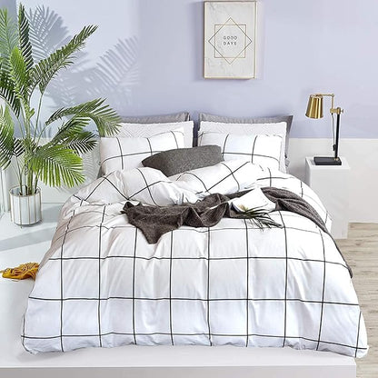 Wellboo White Plaid Comforter Sets Full Black White Grid Checkered Bedding Comforters Cotton White and Black Buffalo Check Grid Quilts Soft Warm Women Men Modern Preppy Geometric Gingham Quilts