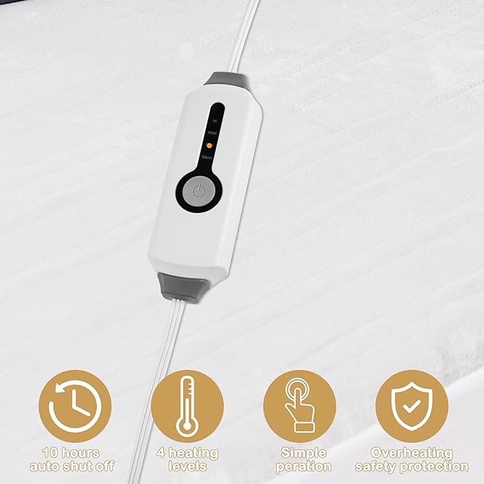 Electric Mattress Pad Full Size 54"x75" with 10 Hours Auto Off 4 Heat Setting Simple Controller Fit Up to 15 Inch Deep Pocket, Machine Washable- White