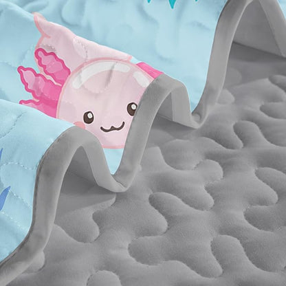 QOOMO Axolotl Quilt Set Twin Size,Kawaii Salamander Bedspread Coverlet Set,Ocean 3Pcs Bedding Set Printed Quilt with 2 Pillowcases,Soft and Lightweight,for All Seasons