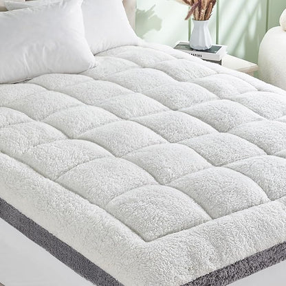 Cymula California King Mattress Topper, Sherpa Mattress Pad for Back Pain with 900GSM Down Extra Thick Cal King Mattress Cover Pillow Top with 8-21" Pockets, White