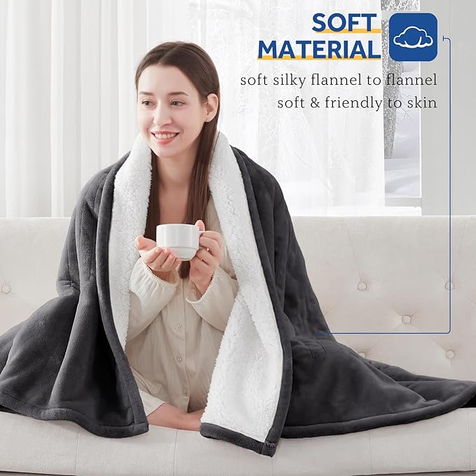 Sealy Electric Blanket King Size, Flannel & Sherpa Heated Blanket with 10 Heating Levels & 1-12 Hours Auto Shut Off, Fast Heating Blanket, Machine Washable, Grey, 100 x 90 Inch