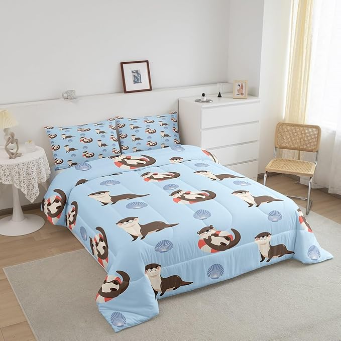 Cute Otter Kids Comforter Set Full Size 3 Pcs,Cartoon Blue Shell Summer Ocean Theme Bedding Set for Boys Girls Teens,Lovely Wild Animals Hippie Comforter Duvet Set with 2 Pillowcases
