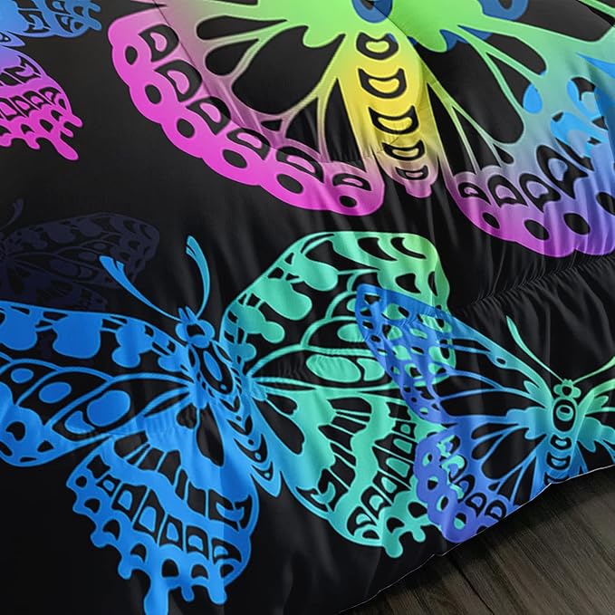 Axolotl Colorful Butterflies Bedding Set,Twin Size Kids Bed Set,Gradient Butterfly Comforter Set,1 Quilt with 2 Pillowcases for Boys Girls Kids Teens Children Adults Room Decor All Season,Black