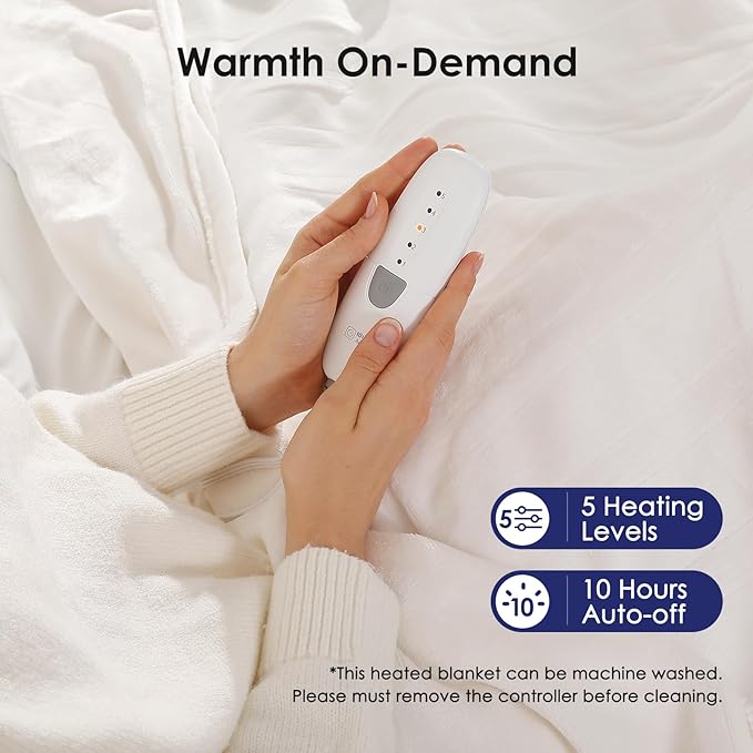 Electric Blanket Full Size Heated Blanket - Soft Silky Warm Electric Blanket with 5 Heating Level & 10 Hour Auto Off Heating Blanket, ETL Certified & Machine Washable for Grandma Gifts(Cream White)