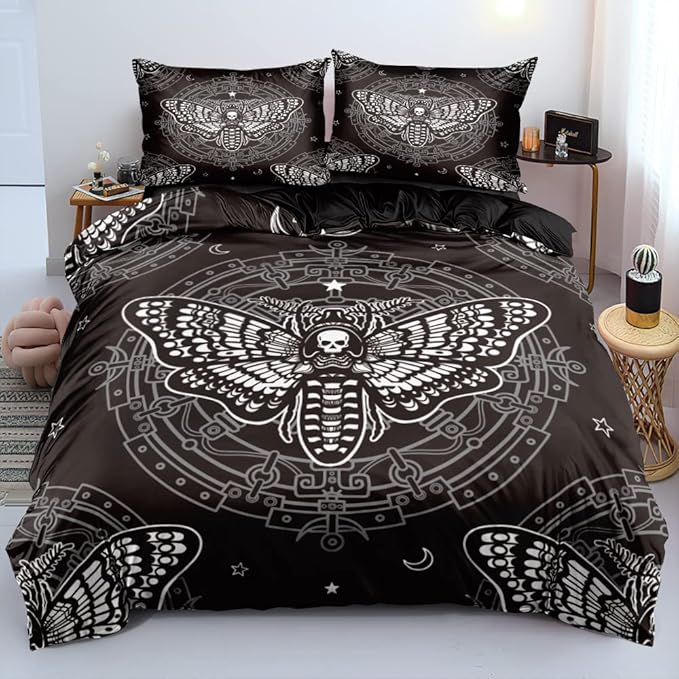 Skull Print Duvet Cover Set - King Size Gothic Skull Comforters and Edgy Skeleton Bedding - Dark Bedroom Decor
