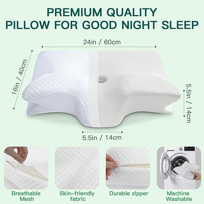 Memory Foam Cervical Pillow, 2-in-1 Ergonomic Neck Support Pillow with Armrest & Ear Hole, Contour Orthopedic Bed Pillow for Pain Relief, Adjustable Height for Side, Back & Stomach Sleepers