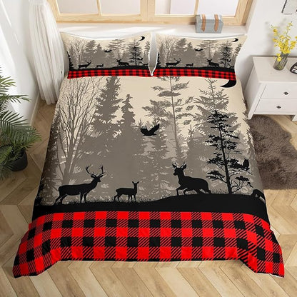 Deer Trees Silhouette Duvet Cover Queen for Children,Retro Red Black Check Plaid Bedding Set Modern Room Gift,Rustic Bird Moon Print Comforter Cover with 2 Pillowcases, Ultra Soft Bed Spread