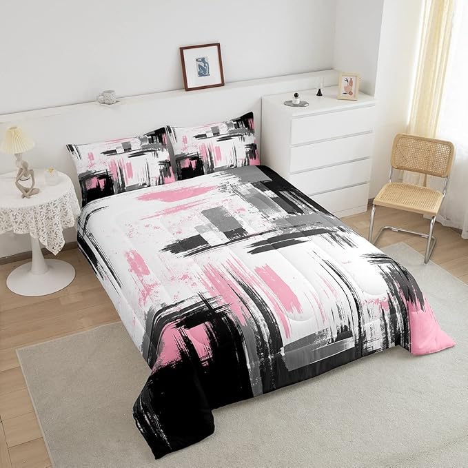 Feelyou Abstract Bedding Set Kids Modern Abstract Art Comforter Set Pink White Black Comforter for Boys Room Decor Lightweight Retro Duvet Set Toddler Size with 1 Pillow Case